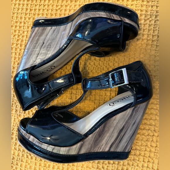 Black Patent Leather Faux Wood Grain Peep Toe SZ.8. High heel Wedge 5"  Italian - Picture 7 of 14